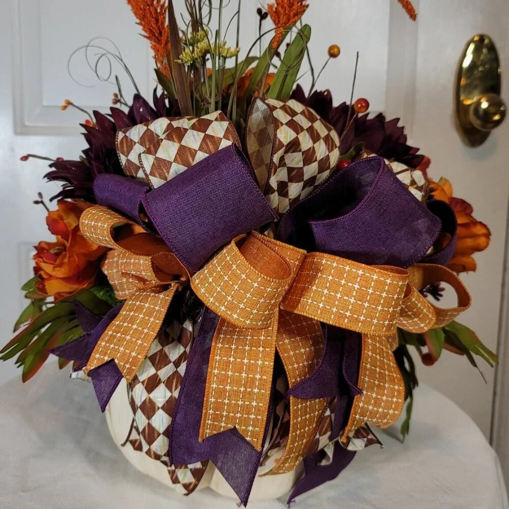 Fall Pumpkin with Purple Sunflowers & Orange Peonies Floral Arrangement - Medium